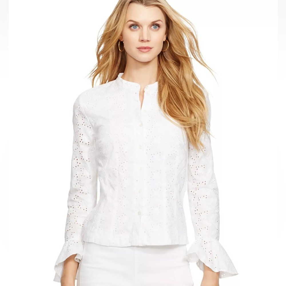 LRL Ralph Lauren Embroidered Eyelet Bell Sleeve Button-Down Blouse, White